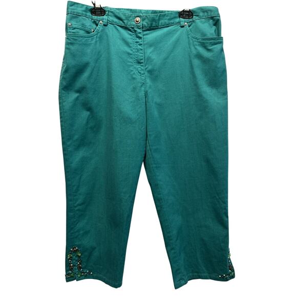 Ruby Rd Petite Women's 14 Teal Pull On Capri Pants Embellished Boho Beachy - Picture 1 of 15